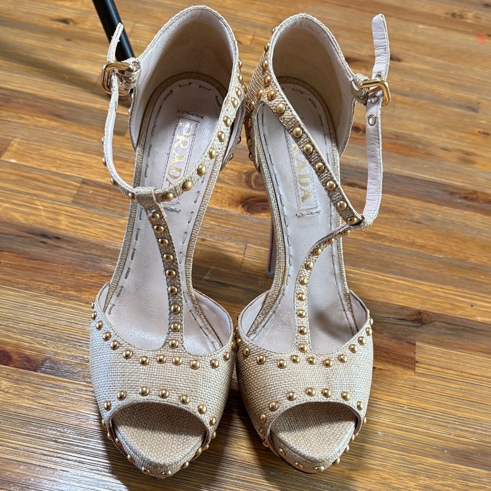 Prada Beige T-Strap Studded Open-Toe Heels